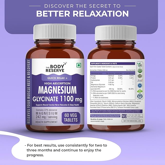The Body Reserve Magnesium Glycinate Supplement 1100mg Per Serving - 60 tabs