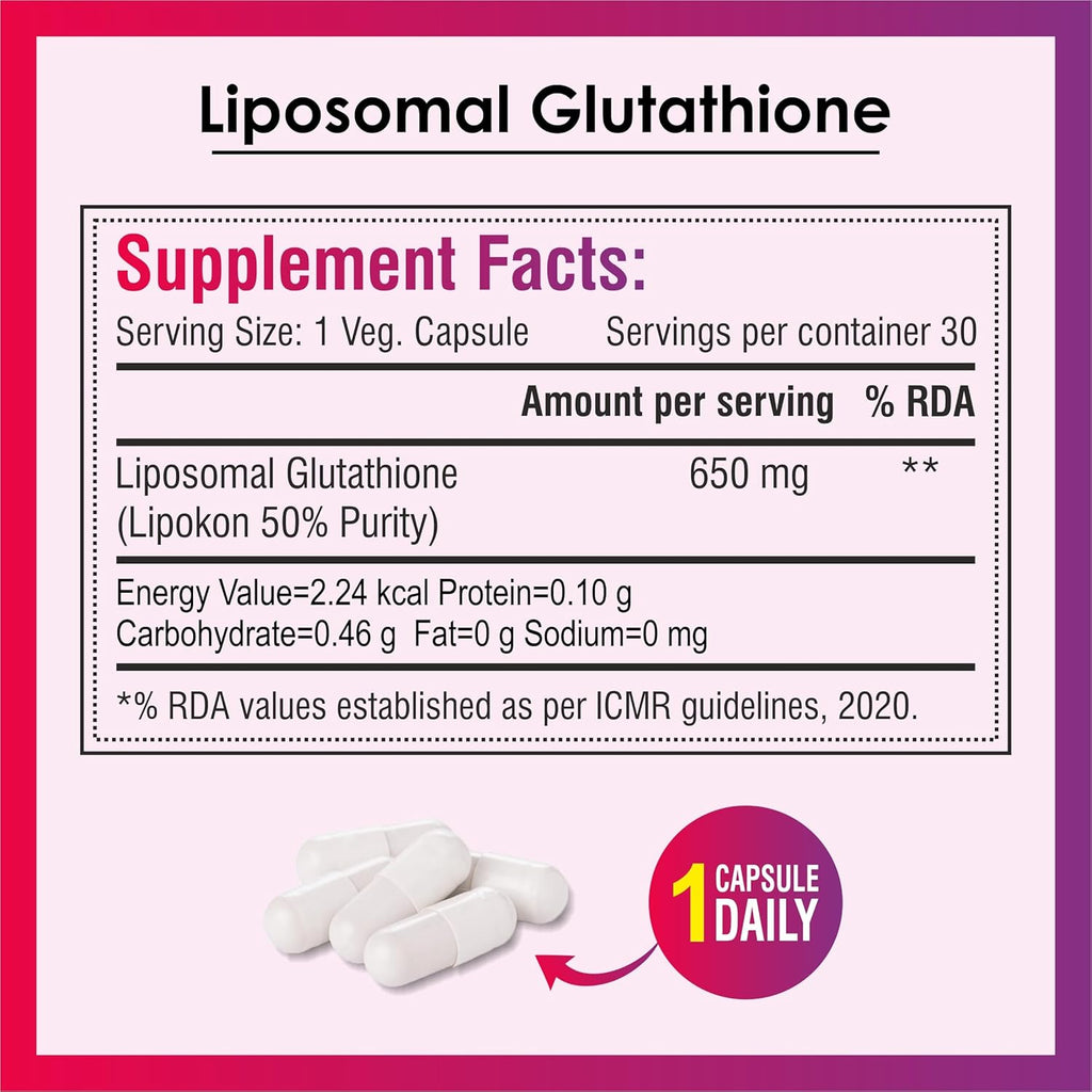 Biotrex Nutraceuticals Liposomal Glutathione Supports Healthy Skin Health, High Purity 50% Lipokon Form - 30 Veg Capsules