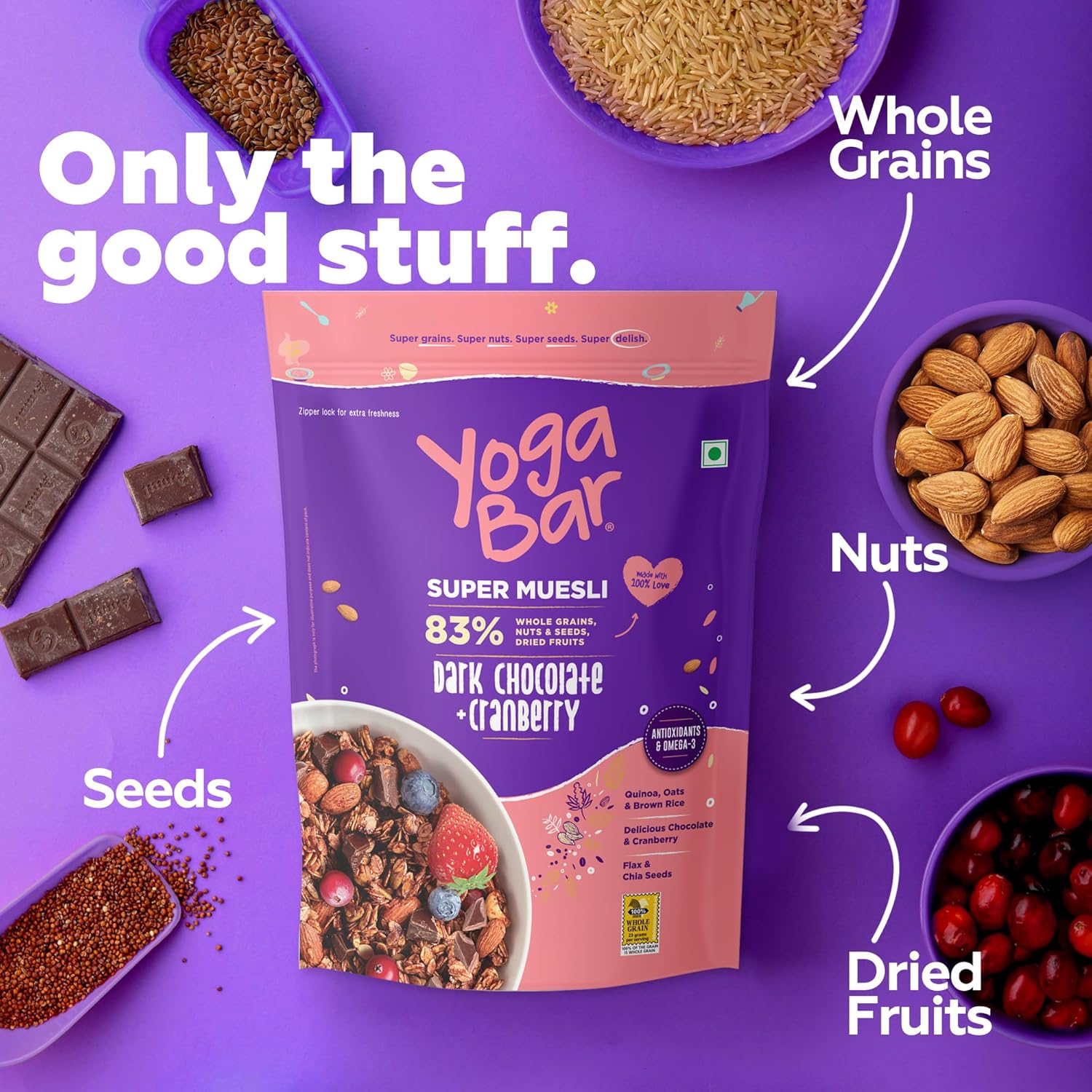 Yogabar Wholegrain Breakfast Muesli - Dark Chocolate and Cranberry, 700g (Super Saver Pack)