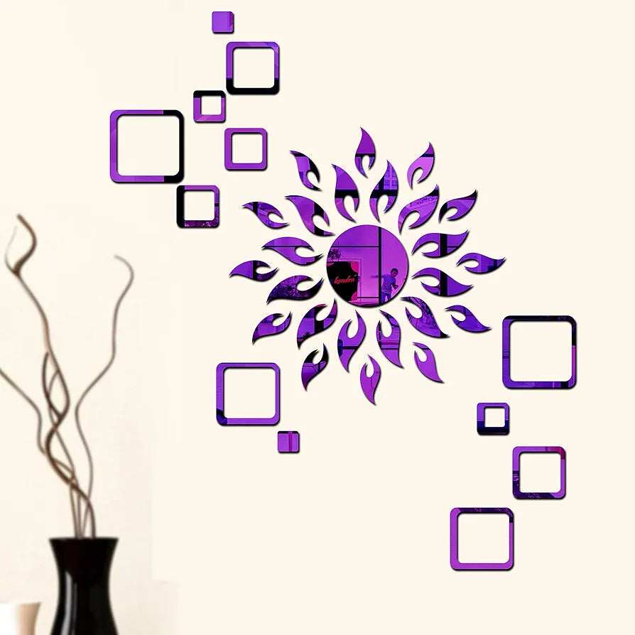 Bikri Kendra Art BK113, Sun Purple with Square Purple 2 Set 3D Acrylic Mirror Stickers for Wall