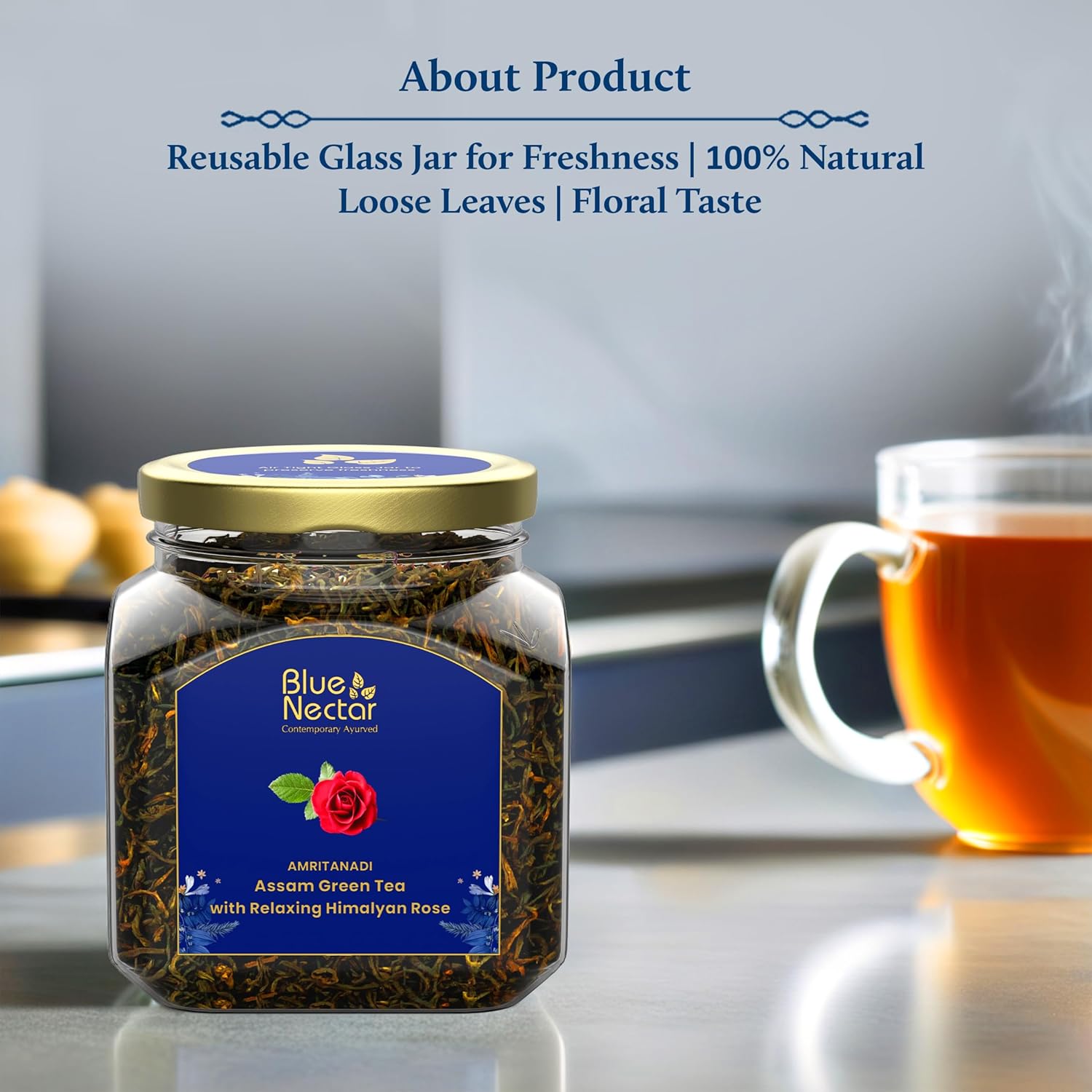 Blue Nectar Green Tea Leaves with Rose for Relaxation with Green Tea Strainer | Eco Friendly Glass Jar | 100% Natural, Handpicked from the Himalayas | (65g)