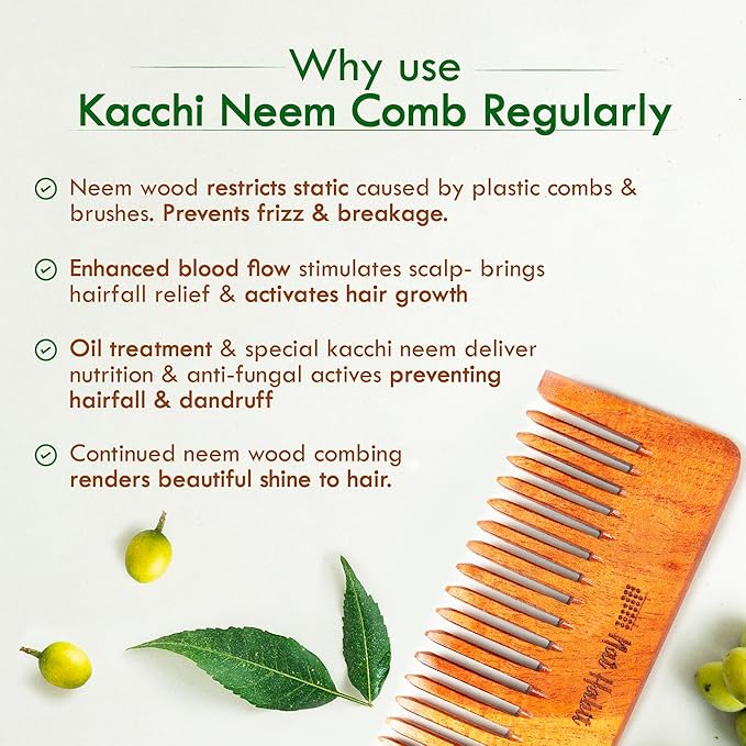 Nat Habit Kacchi Neem Wooden Shampoo Comb - Soaked in 17 Herbs, Neem & Sesame Oil | Wide Tooth- Small Size