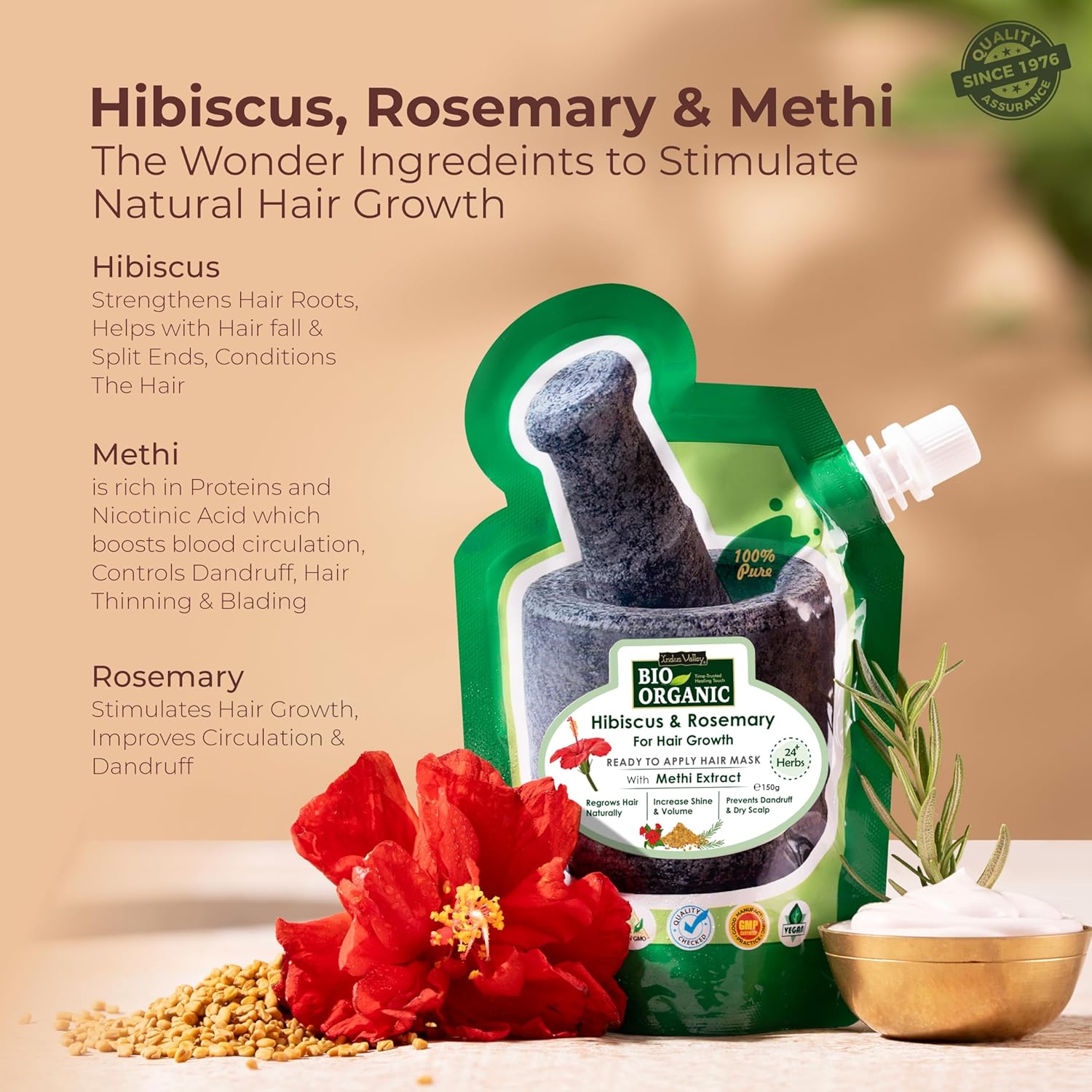 Indus Valley Bio Organic Hair Growth Mask with Hibiscus, Rosemary & Fenugreek Seeds, Ready-to-Apply 150g