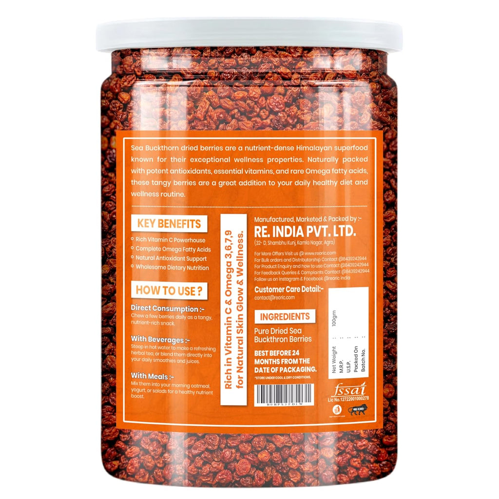 BRALCON Sea Buckthorn Dried Berries - 100 g, Natural Tangy Fruit, Premium Snack, Culinary Ingredient for Smoothies, Breakfast Bowls and Desserts, 100g Pack