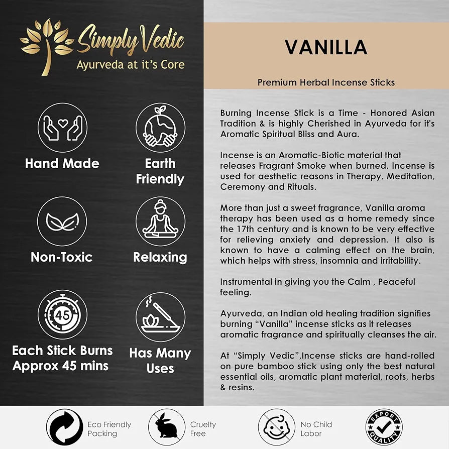 Simply Vedic Vanilla Incense Sticks  Pack Charcoal-Free