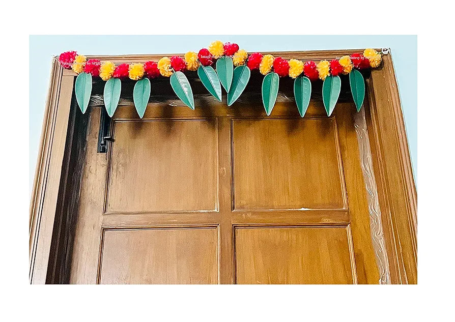 Artificial Marigold &Mango Leaves Simple Door-Window Toran Light Orange and Red