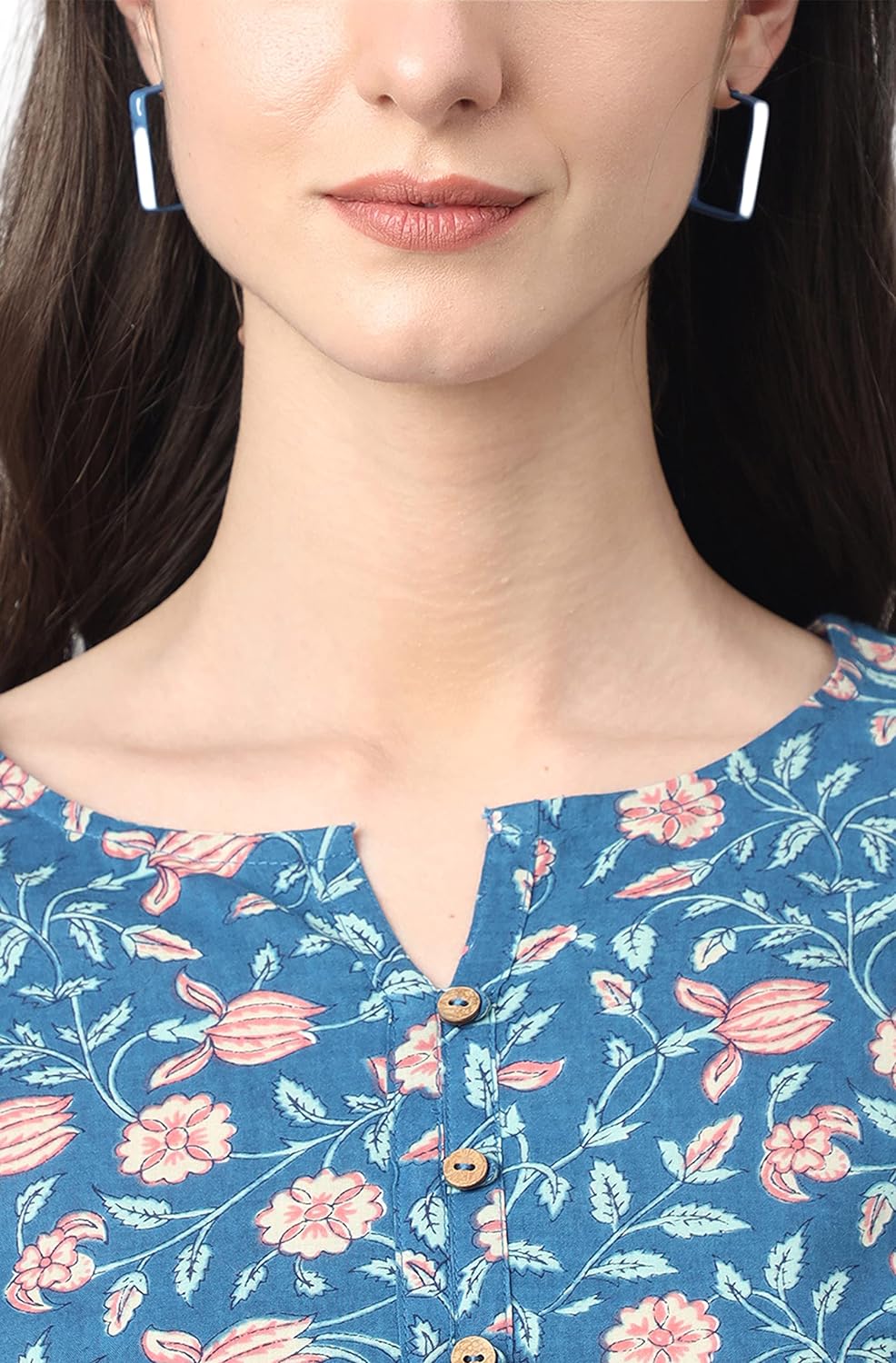 Janasya Women's Blue Cotton Floral Print Regular Tunic
