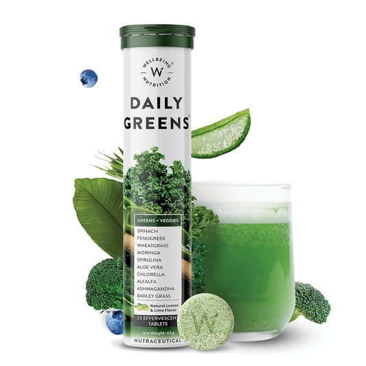 Wellbeing Nutrition Daily Greens (15 Effervescent Tablets) | Wholefood Multivitamins with Vitamin C, Zinc, B6 for Immunity & Detox with Organic Certified Plant Superfoods & Antioxidants