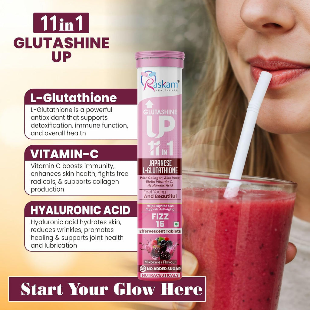 Glutathione Tablets Japanese L Glutathione 15 Effervescent Tablet In Mixberry Flavour With Collagen Aloevera Biotin Vitamin-c Hyaluronic Acid For Skin Glow & Hydration (Pack of 1)