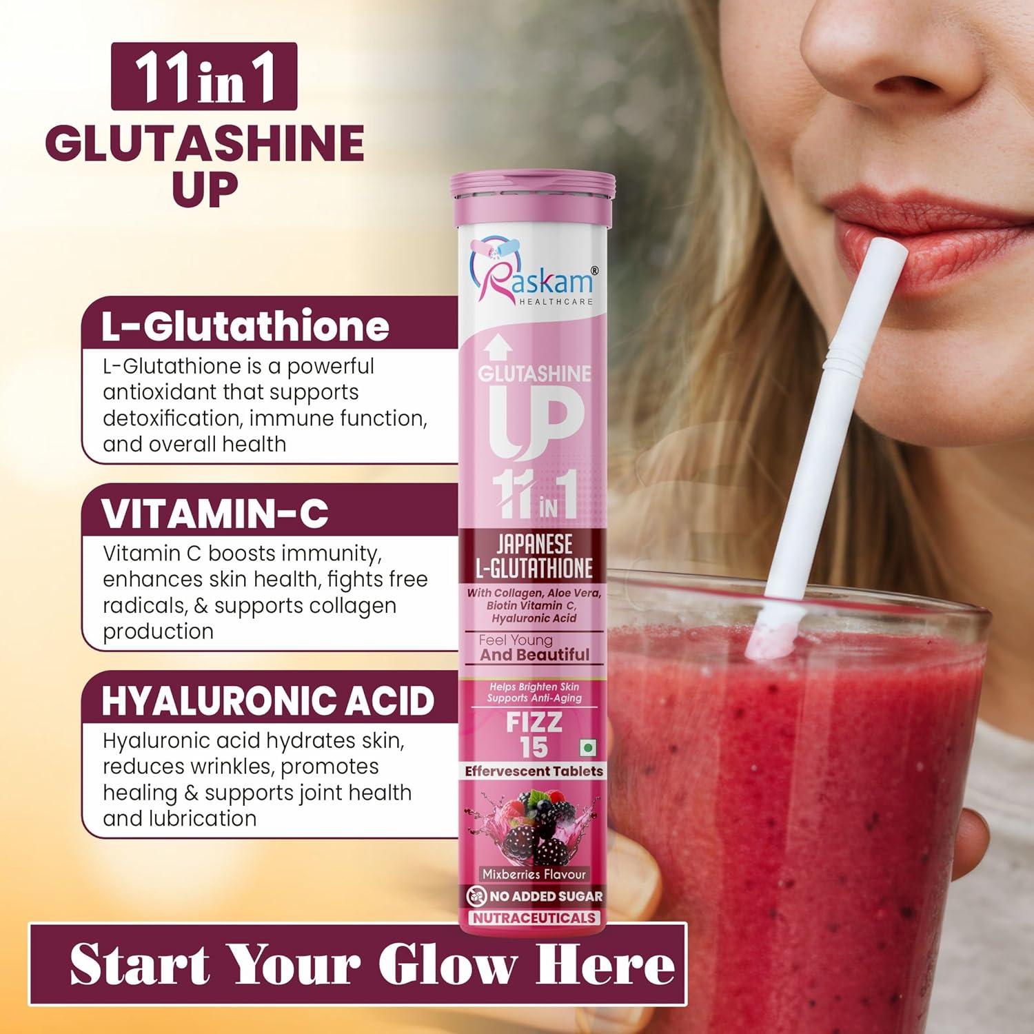 Glutathione Tablets Japanese L Glutathione 15 Effervescent Tablet In Mixberry Flavour With Collagen Aloevera Biotin Vitamin-c Hyaluronic Acid For Skin Glow & Hydration (Pack of 1)