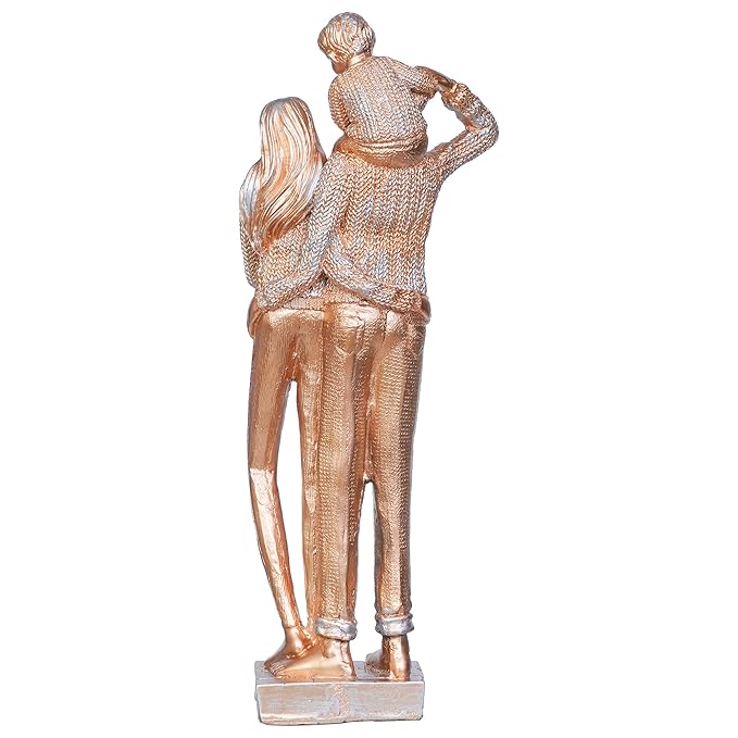 Ecraftindia Golden Beloved Family of Husband, Wife, and Kid on Father's Shoulder Human Figurines Decorative Showpiece