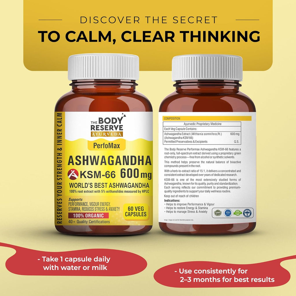 The Body Reserve Ashwagandha KSM66-60 Capsules Ashwagandha KSM 66 for men & Women Supports Stress Management & Muscle Recovery