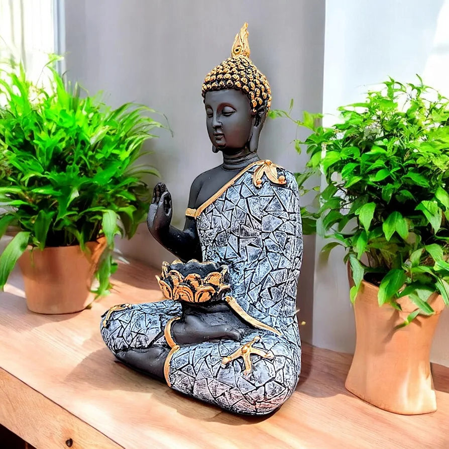 Neelaya Meditating Buddha Statue With Tealight Holder Polyresin Showpiece 28 Cm Black Grey