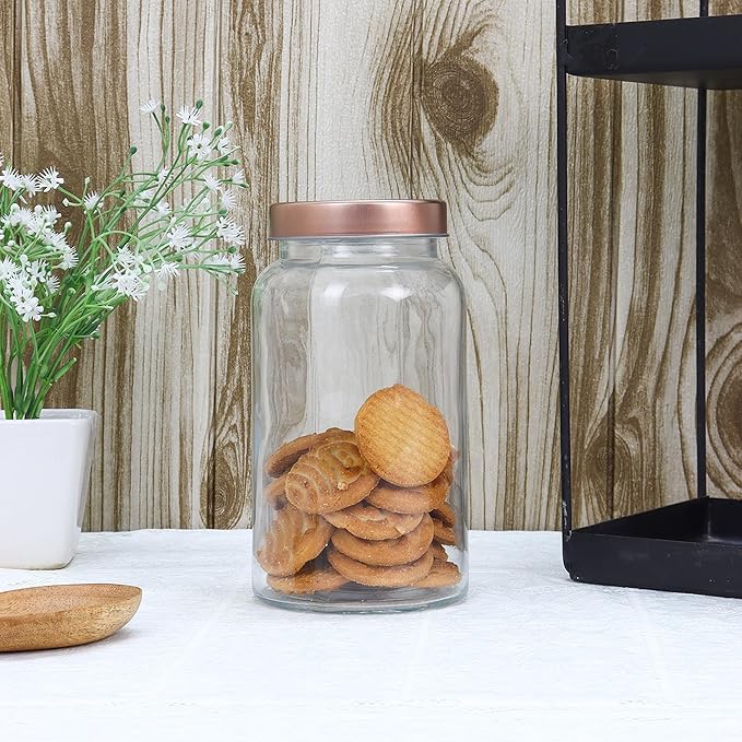 Femora Kitchen Storage Jars Clear Glass Jar With Steel Lid Air Tight Jar | 1000 Ml | Pack of 6 | Golden Lid