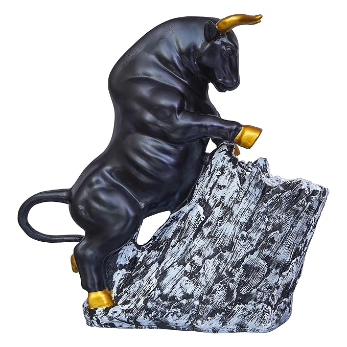Ecraftindia Black Polyresin Bull Statue With Golden Horns & Climbing on Rock Showpiece