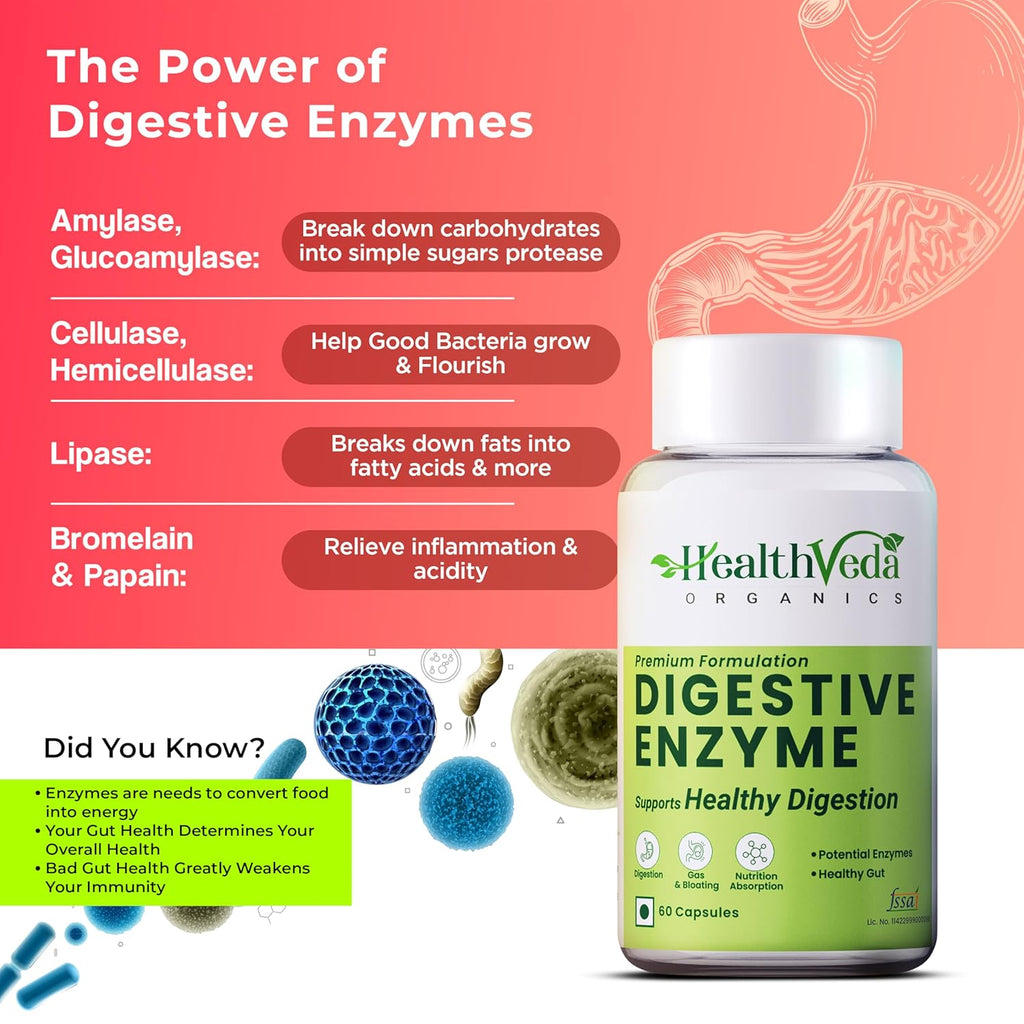 Health Veda Organics Digestive Enzyme Capsules | For Better Digestive Function, Healthy Gut, & Health Management | 60 Veg Capsules for both Men & Womenâ€¦