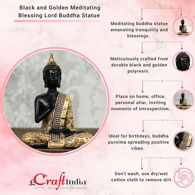 Ecraftindia Handcrafted Meditating Lord Buddha Polyresin Idol | Golden