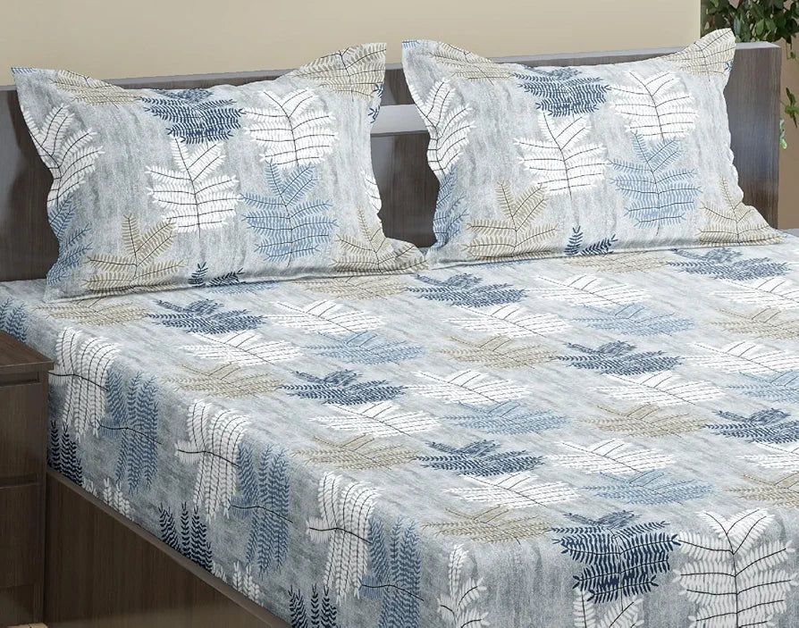 Trance Home Linen 100% Cotton 78"X72" Standard King Size Elastic Fitted Bedsheet Printed King Bed Size With 2 Pillow Covers 180 tc Colour Ferns Blue