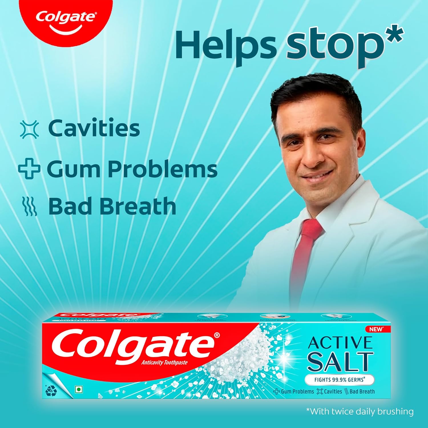 Colgate Active Salt Buy 3 Get 1 Free, 800g (200g x 4, Pack of 4) Toothpaste, Daily Germ Protection, Toothpaste with Salt & Mint, Healthy Gums & Teeth, Fights Germs & Eliminates Bad Breath