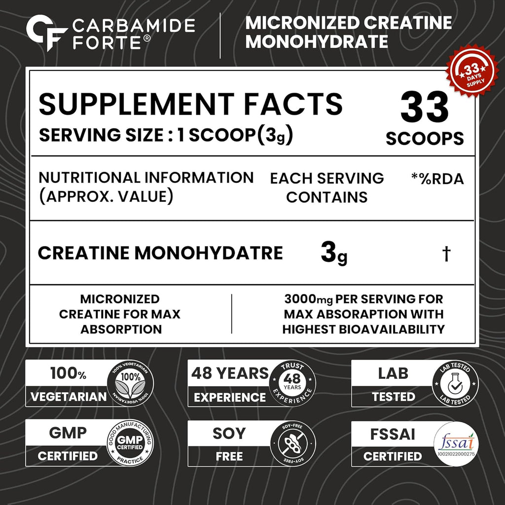 Carbamide Forte Creatine Mono Hydrate Powder | Micronized Monohydrate 100gm | Creatine Supplement for Lean Muscle Volumization, Strength & Energy - Unflavoured Powder - 33 Servings - 100g