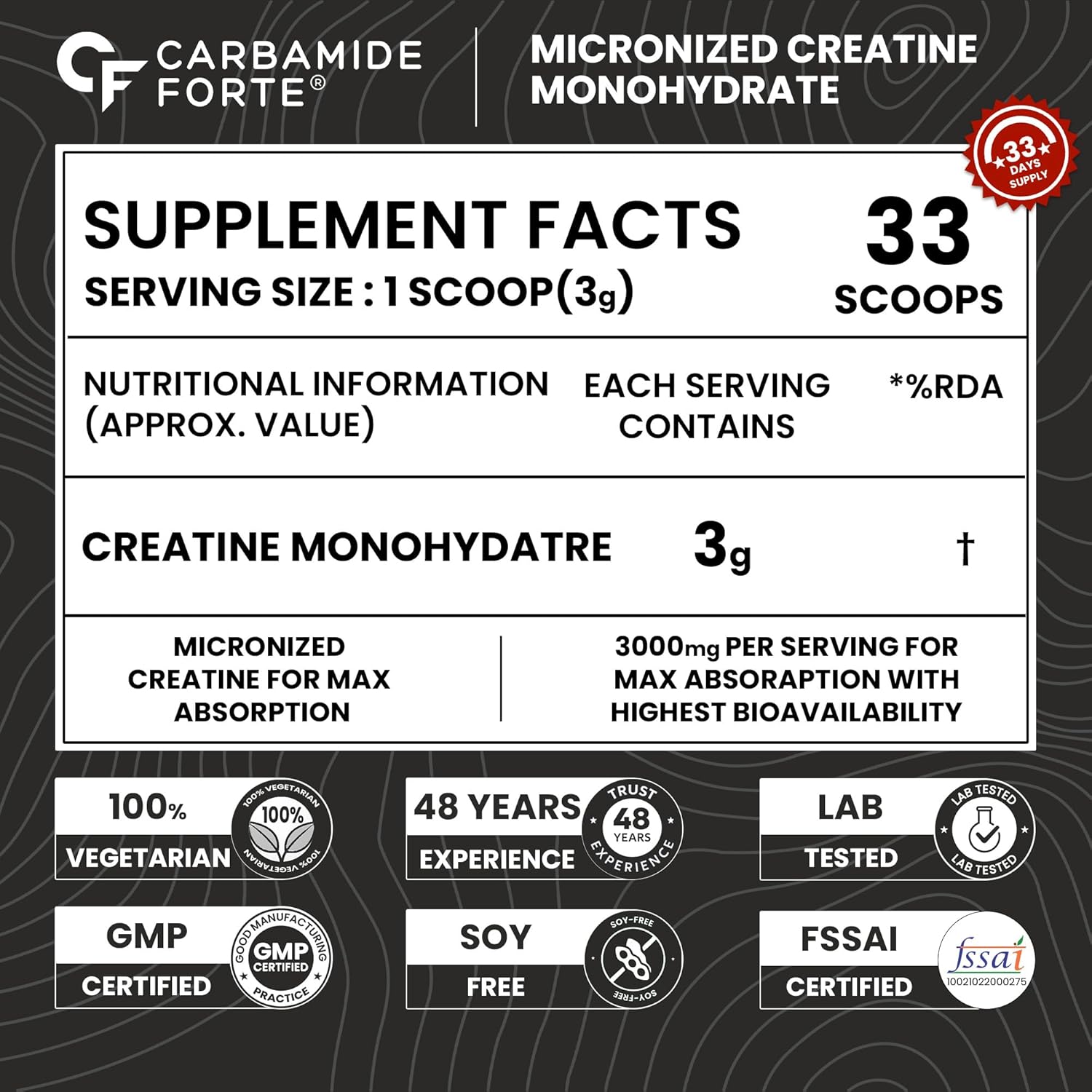 Carbamide Forte Creatine Mono Hydrate Powder | Micronized Monohydrate 100gm | Creatine Supplement for Lean Muscle Volumization, Strength & Energy - Unflavoured Powder - 33 Servings - 100g