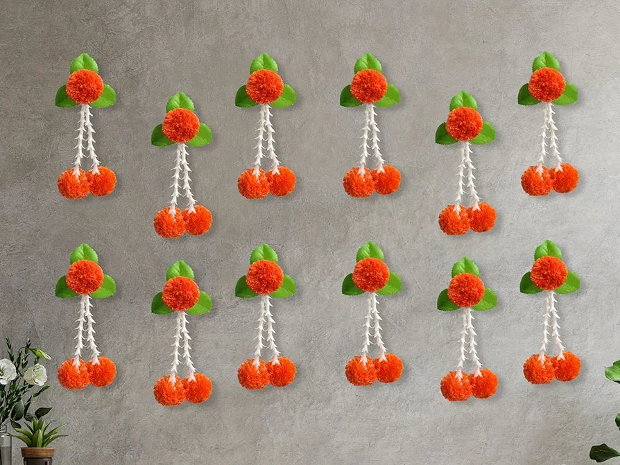 Artificial Flowers and Leaves Decoration Pack of 12 - Orange & Green