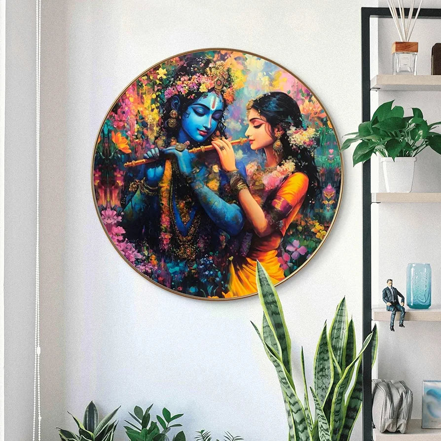 Livin'luxe Paintings Radha Krishna Divine Love Wall Painting with Frame - Sparkle Glossy Round Golden Framed Large