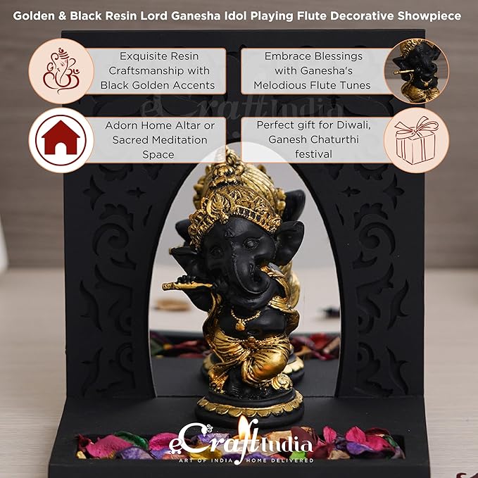 Ecraftindia Golden and Black Polyresin Lord Ganesha Idol Playing Flute Musical Instrument Decorative Showpiece