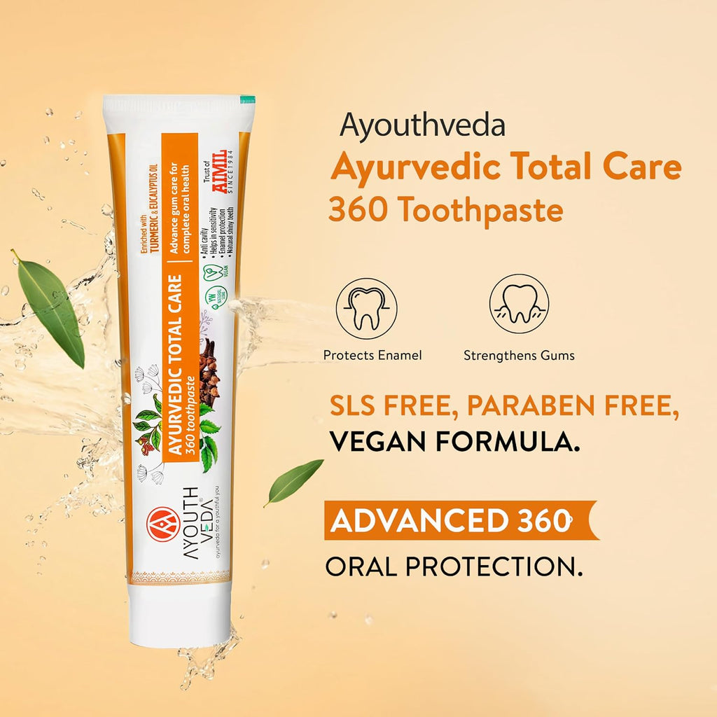 Ayouthveda Total Care 360 Toothpaste | Turmeric & Eucalyptus Oil Toothpaste for Cavity Prevention, Enamel Protection, Gum Strengthening & Long-Lasting Fresh Breath | Natural Anti-Bacterial Oral Care Formula | 100g (Pack of 1)