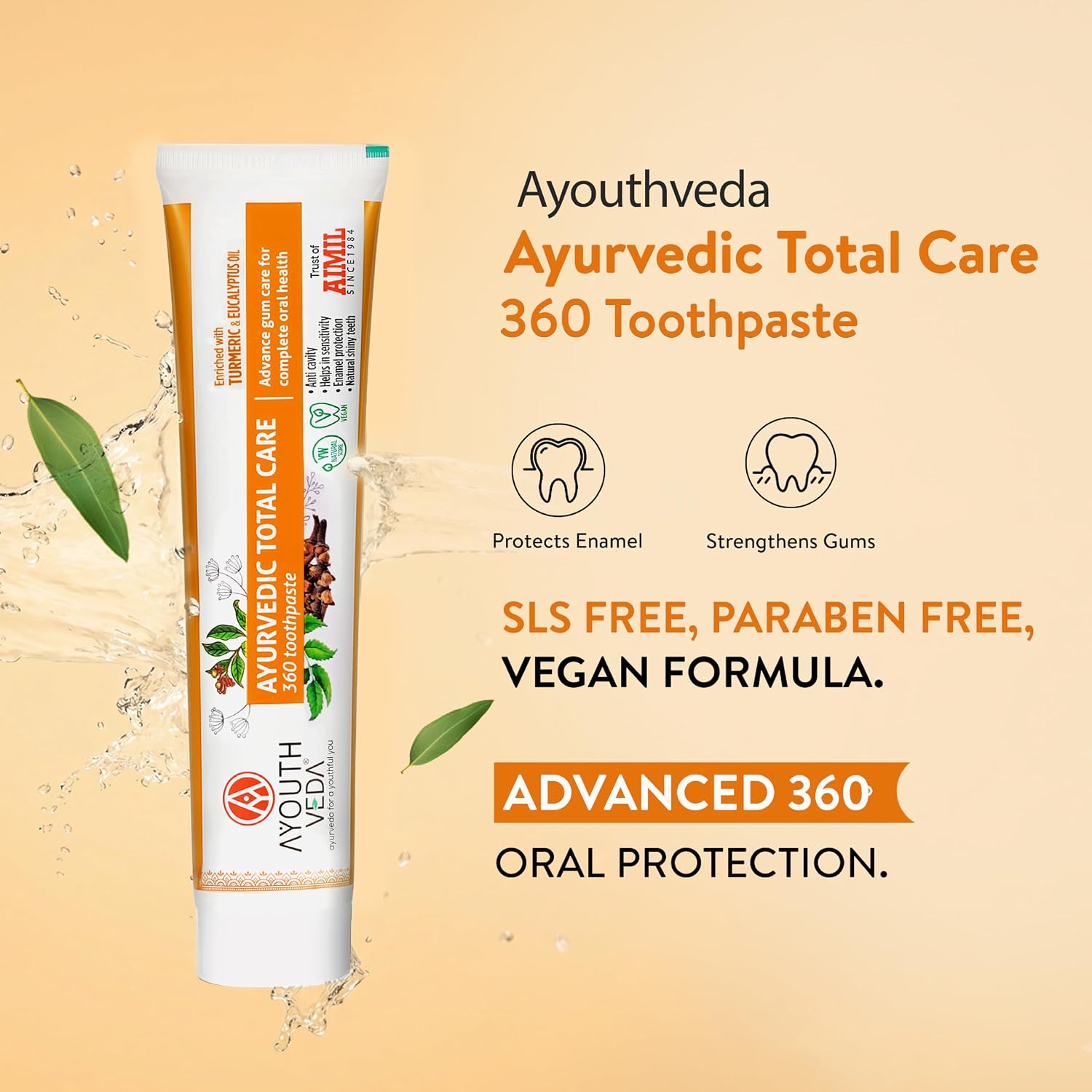 Ayouthveda Total Care 360 Toothpaste | Turmeric & Eucalyptus Oil Toothpaste for Cavity Prevention, Enamel Protection, Gum Strengthening & Long-Lasting Fresh Breath | Natural Anti-Bacterial Oral Care Formula | 100g (Pack of 1)