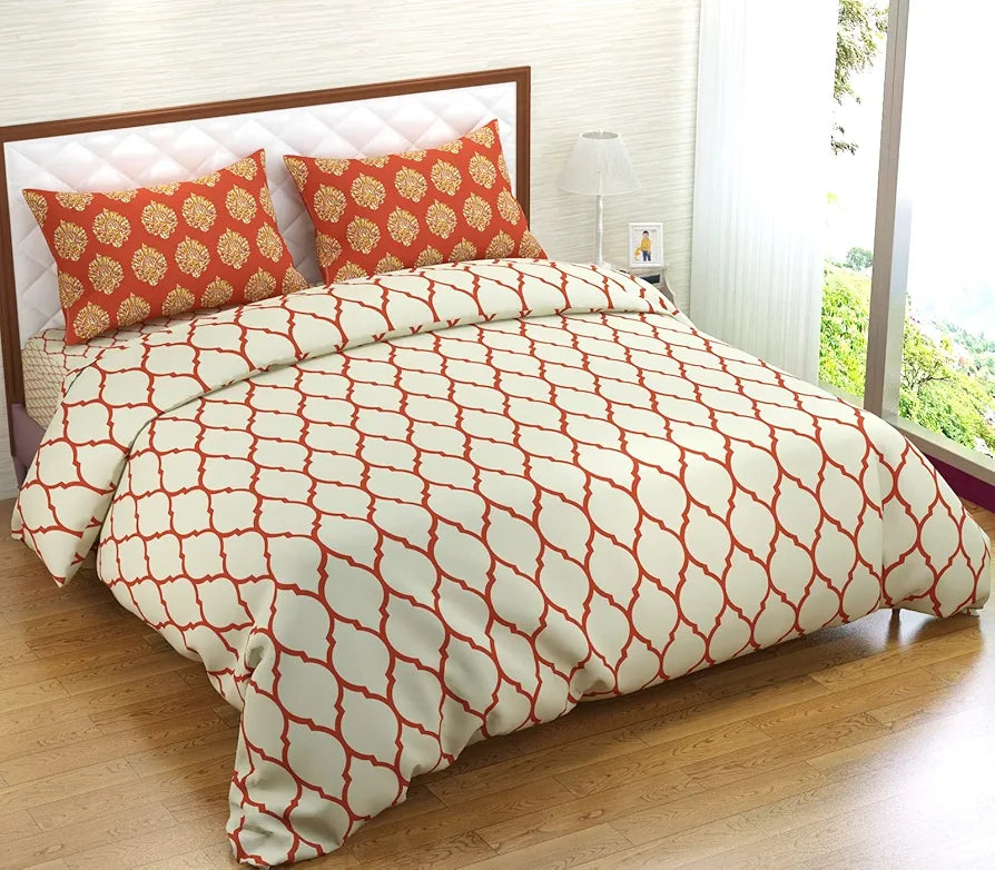 Trance Home Linen 200TC 100% Cotton Printed Zippered Duvet Cover/Blanket/Quilt Cover Comforter Cover/Razai Cover King Size with 2 Pillow Covers Colour Dori & Damask Clay Red