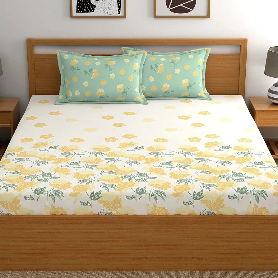Dreamscape Cotton Floral King Fitted Bedsheet with 2 Pillow Covers Bold Beige