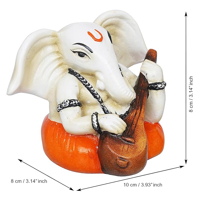 Ecraftindia White & Orange Polyresin Handcrafted Lord Ganesha Idol Playing Veena Musical Instrument