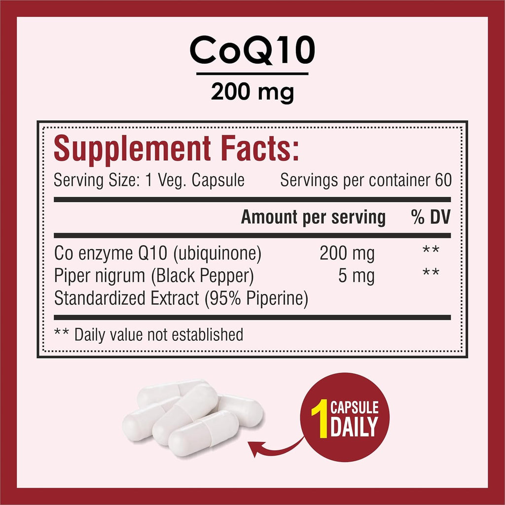Biotrex Nutraceuticals High Bioavailabilty Coq10 200mg With 95% Purity Piperine 5mg (Coenzyme Q10) - 60 Vegetarian Capsules