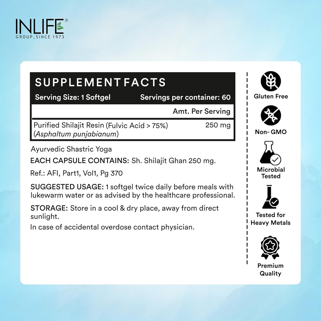 INLIFE Shilajit Resin Softgel Capsules 250mg for Men & Women | Himalayan Sourced 18000 ft | Contains >75% Fulvic Acid | Supports Energy, Stamina & Strength - 60 Softgels