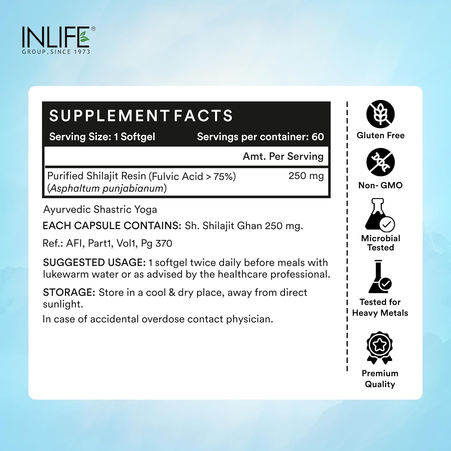 INLIFE Shilajit Resin Softgel Capsules 250mg for Men & Women | Himalayan Sourced 18000 ft | Contains >75% Fulvic Acid | Supports Energy, Stamina & Strength - 60 Softgels