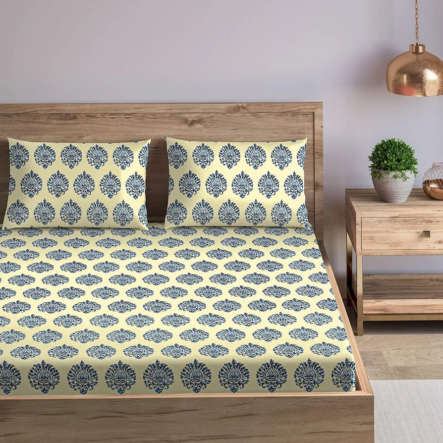 Trance Home Linen 200TC 100% Cotton 78"x60" Standard Queen Size Elastic Fitted Bedsheet Printed Queen Bed Size with 2 Pillow Covers Colour Damask Blue
