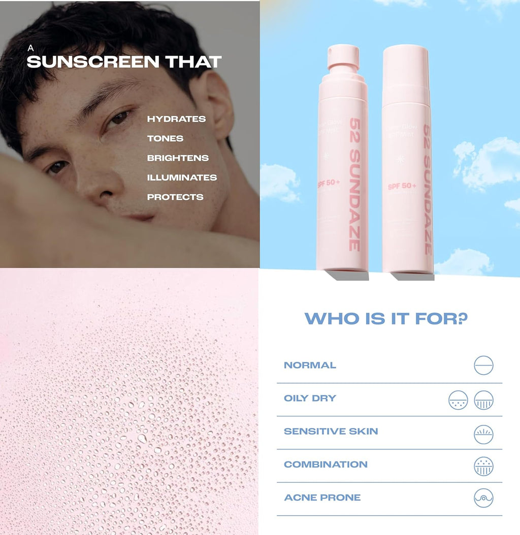 52 Sundaze SPF50 Rosewater Sunscreen Mist For Face | SPF 50+ PA++++ Sunscreen Spray | Invisible Ultralight Sun Screen | Clear Glow Rose Sun Mist | UVA/B Broad Spectrum | Oily & Dry Skin | No White Cast | Easy Reapplication | Men & Women | 100 ml