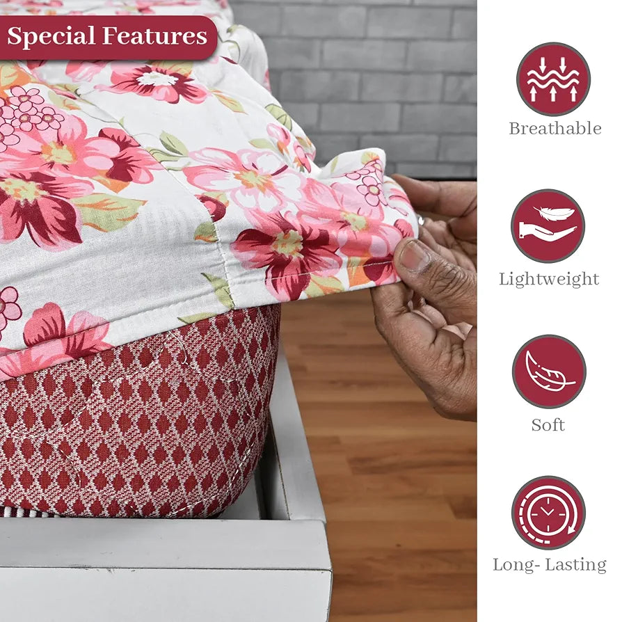Divine Casa Floret 100% Cotton King Fitted Bedsheet 144 TC Deep Pocket Design Soft & Breathable Fabric Colour Rosy Retreat