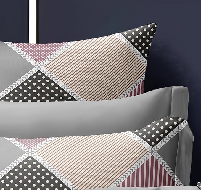 Cortina 140 Tc 100% Microfiber Printed Double Bedsheet Set With Two Pillow Case | 90x100 Inches | Pink/grey | Striped