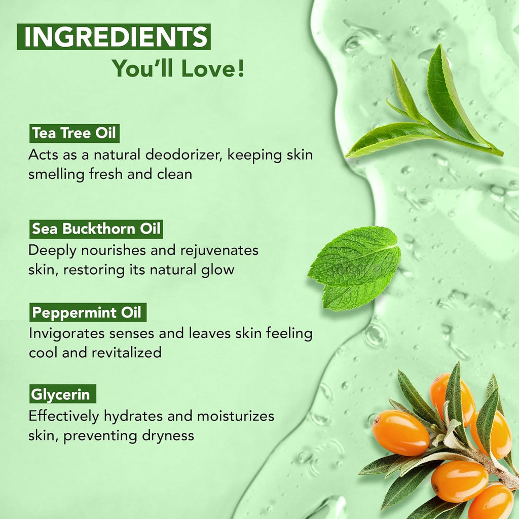 Botanic Hearth Tea Tree Body Wash with Sea Buckthorn Oil, Peppermint Oil | Detoxifies & Rejuvenates | Long Lasting Fragrance | Sulphate & Paraben Free | Shower Gel for Men and Women | 245ml