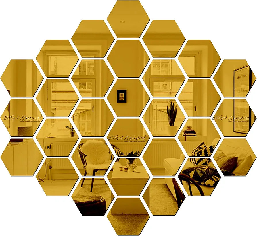 Bikri Kendra Glass Hexagon 30 Golden Mirror Stickers for Wall Decor Acrylic Mirror Acrylic