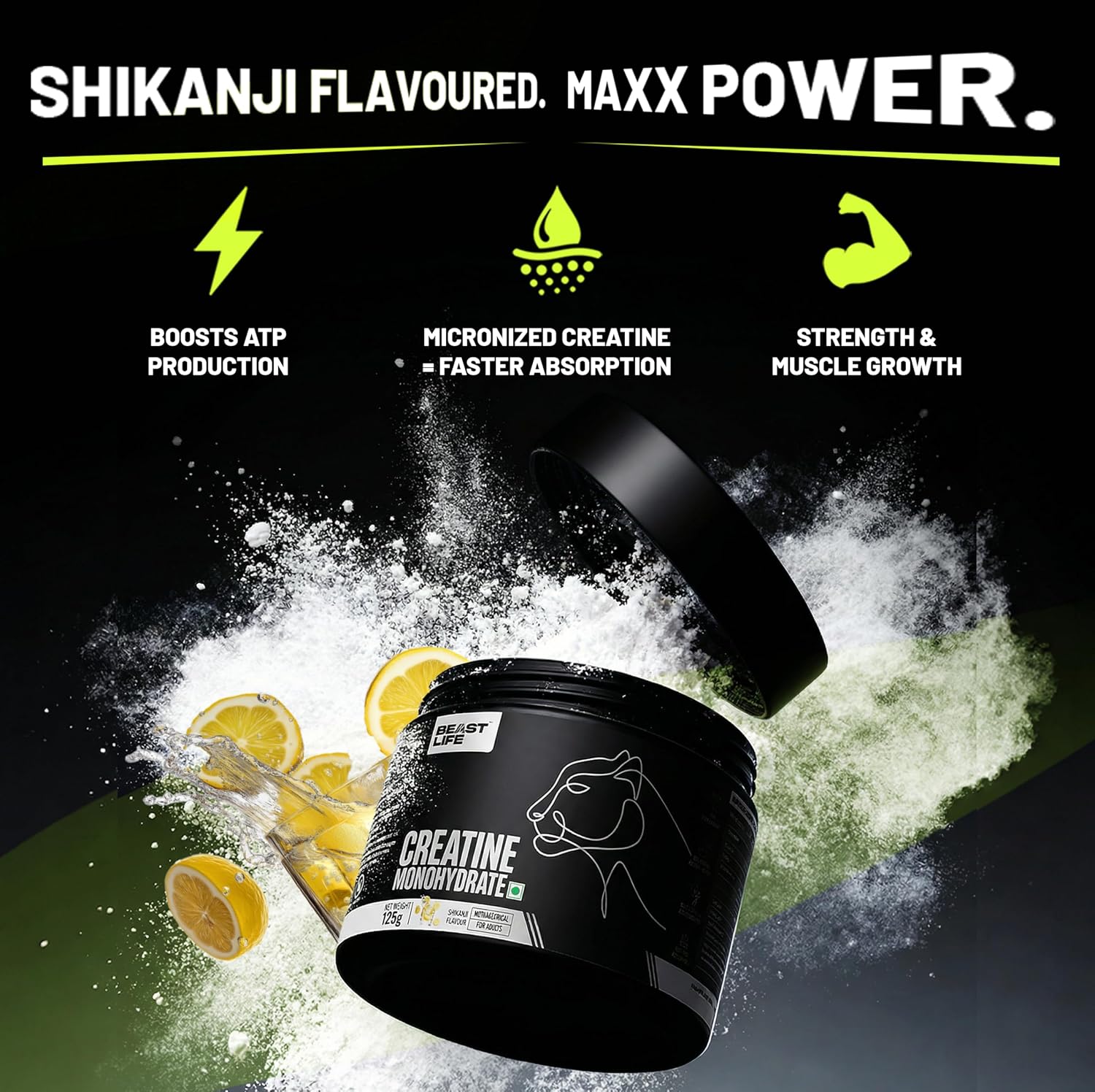 BeastLife Micronised Creatine Monohydrate with Free Shaker | 125g | 33 Servings | Shikanji | NABL Lab Tested | Rapid Absorption for Muscle Strength & Athletic Performance | Super Micronised Creatine Powder
