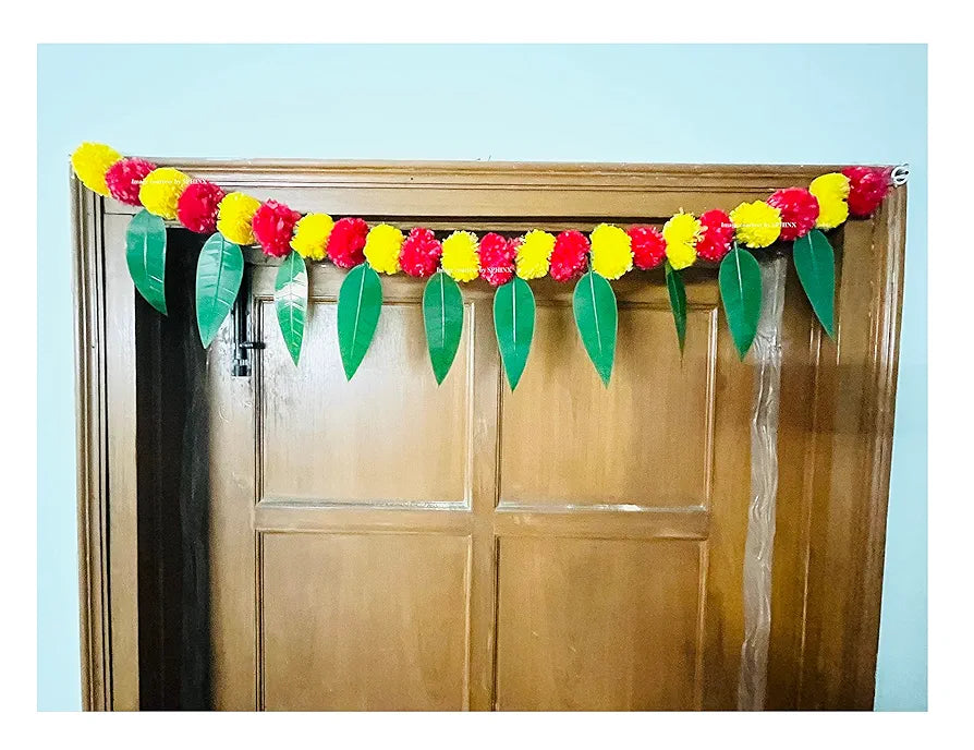 Artificial Marigold &Mango Leaves Simple Door-Window Toran Yellow and Red
