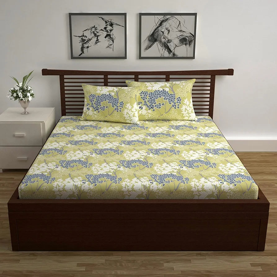 Divine Casa 144 TC Super Soft 100% Cotton Bedsheet for Double Bed  144 Thread Count Floral Lemon Drop