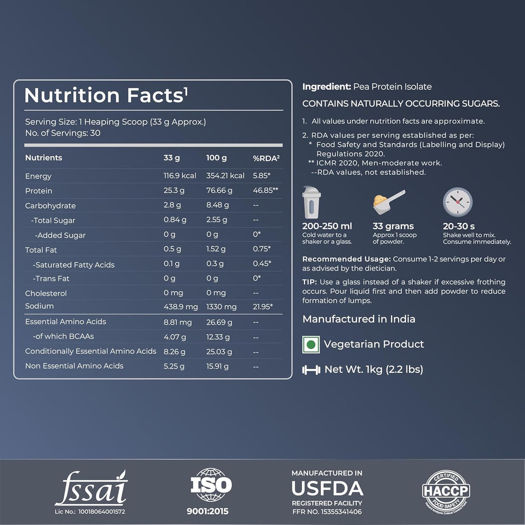 Nutrabay Pure Pea Protein Isolate - 25.3g Protein, 5g BCAA, Designed for Meal Supplementation, Easy to Digest Plant Protein for Muscle Growth & Recovery - 1 Kg Unflavoured, 30 Servings