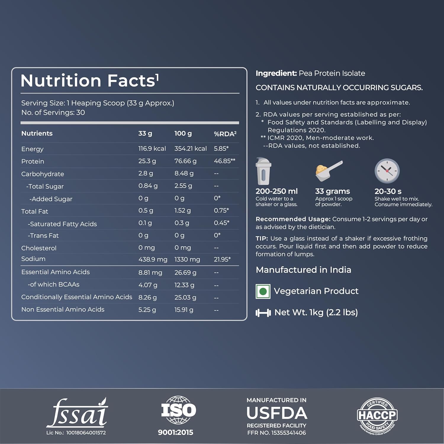 Nutrabay Pure Pea Protein Isolate - 25.3g Protein, 5g BCAA, Designed for Meal Supplementation, Easy to Digest Plant Protein for Muscle Growth & Recovery - 1 Kg Unflavoured, 30 Servings