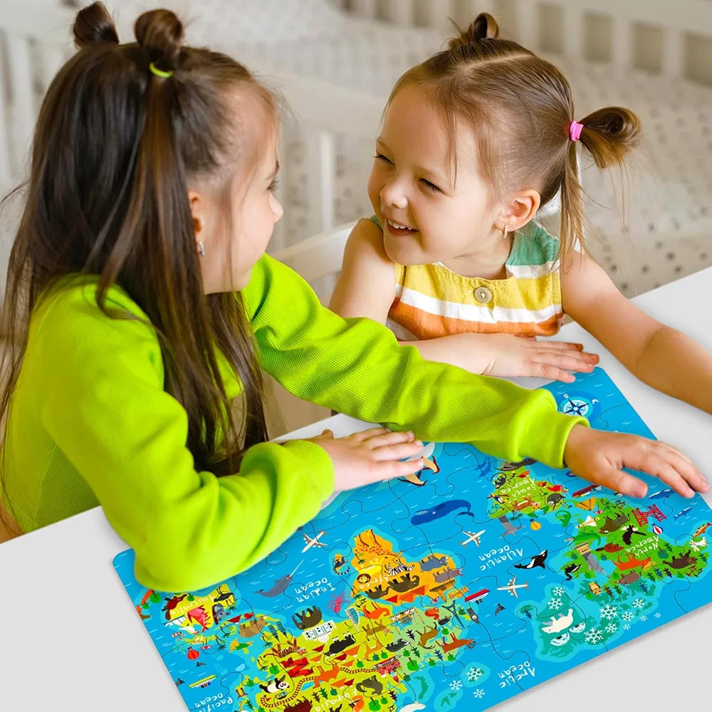 Hello Friend World Map Jigsaw Puzzle Box for Kids 100 Piece Jigsaw Puzzle Trave Brain Games for Children Ages 6-12