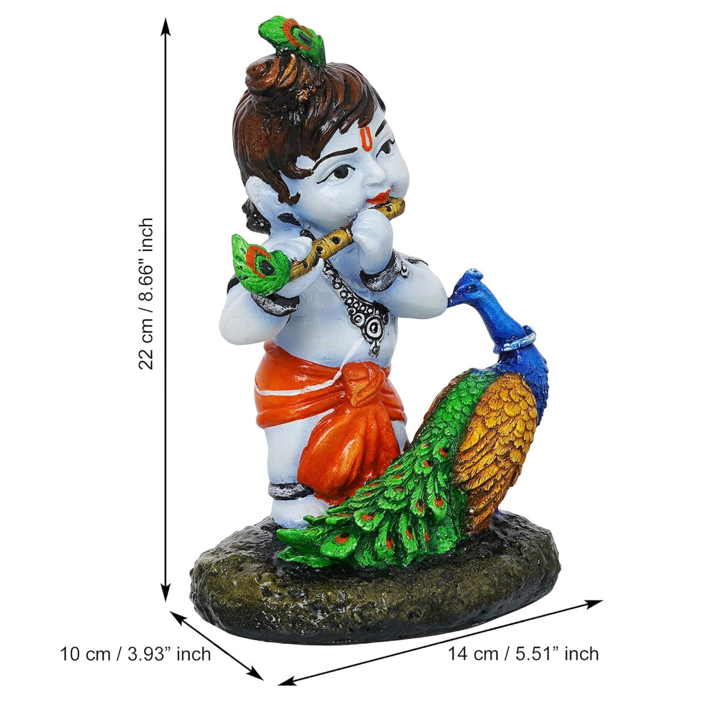 Ecraftindia Colorful Baby Krishna Idol Playing Flute With a Peacock Statue Showpiece