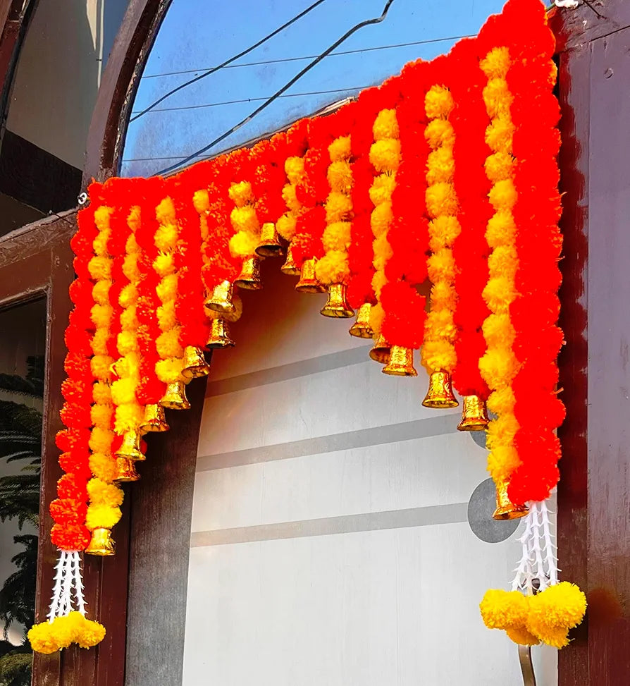 Artificial Marigold Bandanwar 40 Inch Orange & Yellow Fluffy Door Toran with Golden Bells Golden Bell With Marigold Bandanwar
